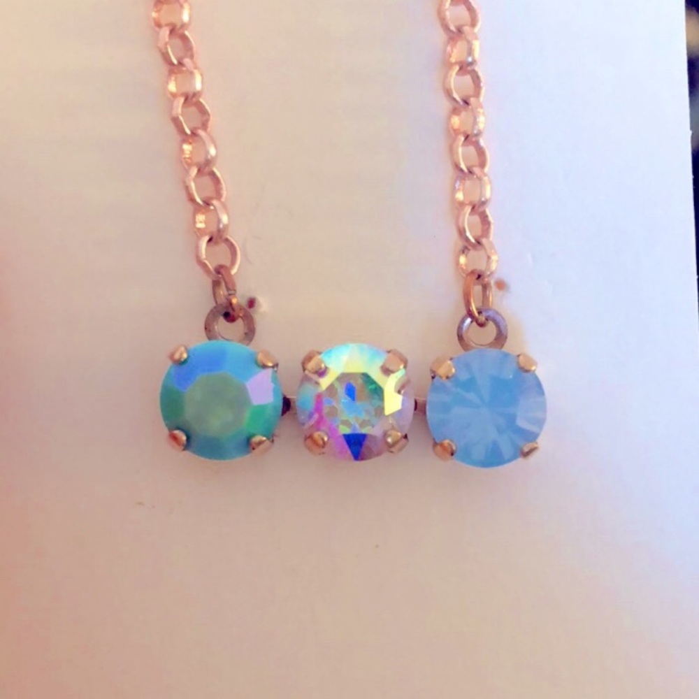 Iridescent Turquoise, Light Sapphire Opal +AB Crystal Bar Necklace - Picture 1 of 11